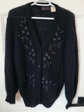Vintage BALI Black Mohair Blend Beaded Cardigan Floral Pearl Sweater M